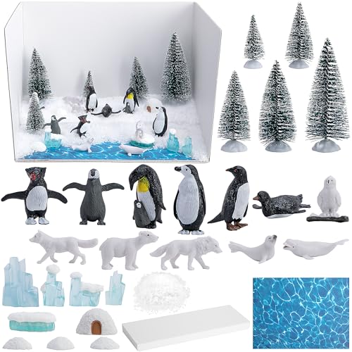 codree 30 Pcs Arctic Animals Habitat Diorama Project Set Arctic Diorama Box Kit Figurine Toys Model Polar Bear Penguin Animals Figurines Diorama Supplies for DIY Crafts Gifts School Project