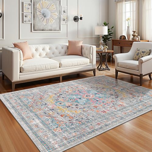 Pauwer Boho Washable Area Rug 4x6 Soft Living Room Bedroom Floor Carpet Mat Indoor Farmhouse Vintage Non Slip Accent Throw Rugs for Entryway Kitchen Dorm Dining Room