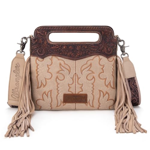 Image of Wrangler Western Handbag for Women Crossbody Bag Top Handle Shoulder Bag Embossed Cowgirl Fringe Purse