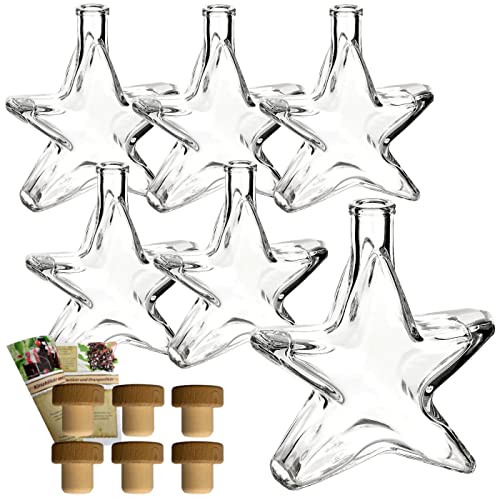 gouveo 6er Set Glasflasche 200 ml Stern mit Holzgriffkorken - Kleine Stern-Flasche mit Korken - Stern-Flasche zum Dekorieren und Verschenken von Likör, Schnaps, Sirup Cover