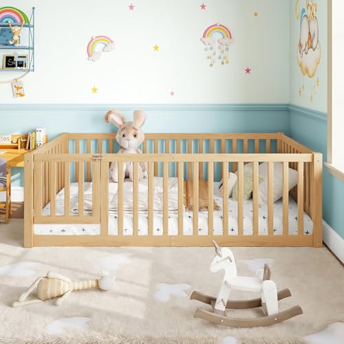 Image of Bellemave Twin Size Kids Montessori Floor Bed with Door,Solid Wood Floor Bed Frame with High Fence for Girls,Boys,Natural