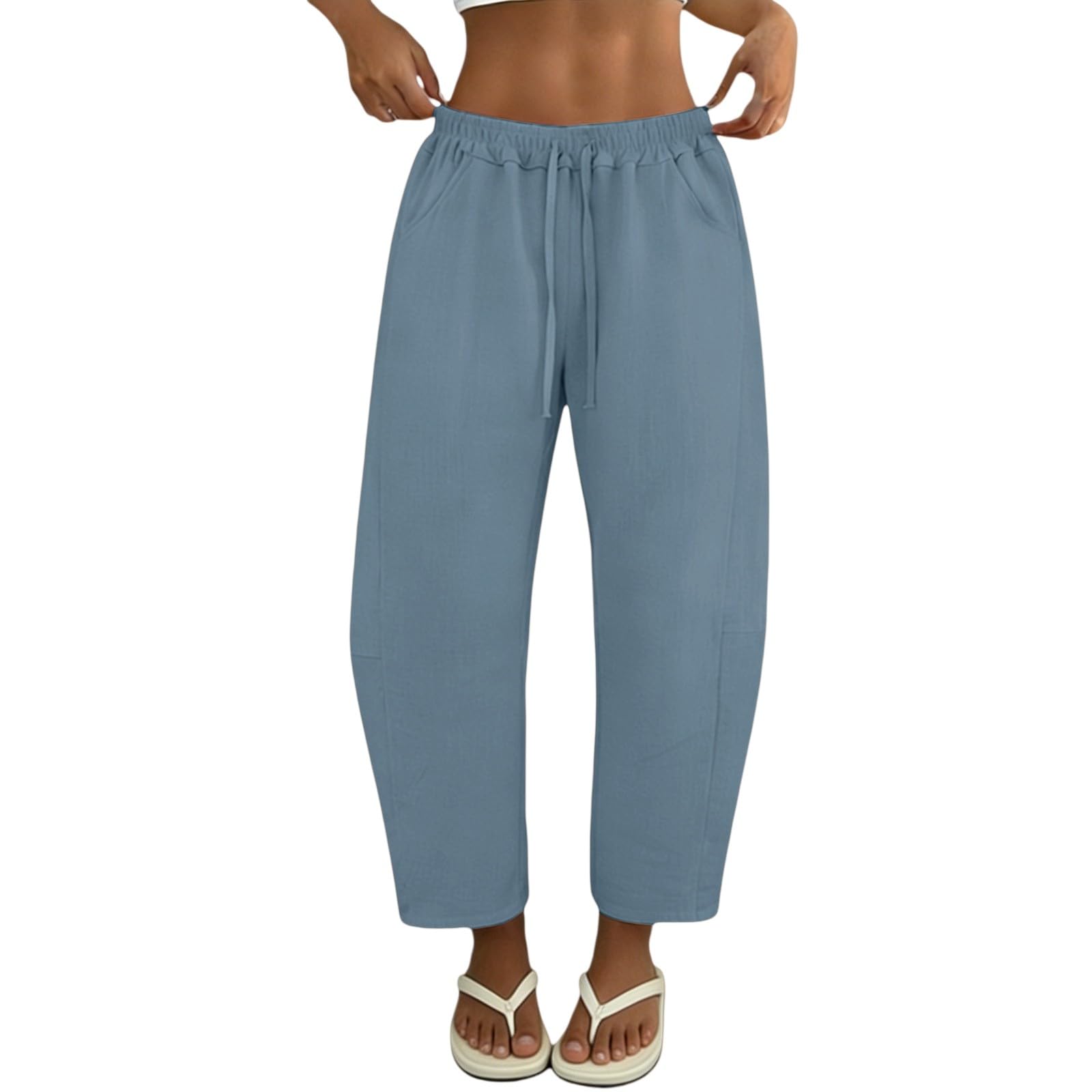 Pantaloni estivi da donna in lino, leggeri, larghi, in misto cotone e lino, vita elasticizzata, con coulisse, casual, con tasche, per yoga, per le vacanze
