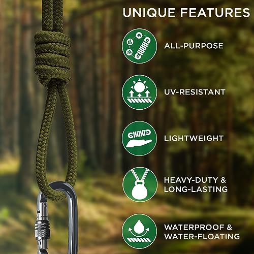 image for TECEUM Rope – 90 Feet x 1/4 Inch (7mm) – Army Green – Strong All