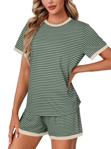 Image of LYANER Pajama Set for Women 2 Piece Lounge Set Striped Crew neck Short Sleeve Tops and Shorts Soft Sleepwear