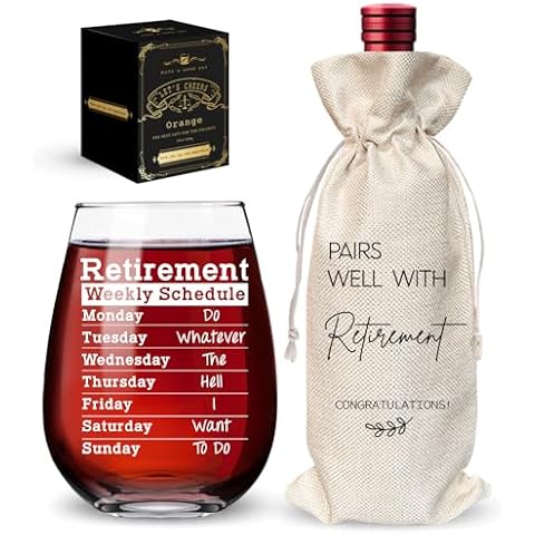 QIMIUTB Funny Retirement Stemless Wine Glass, Retirement Weekly Schedule Funny Retired Schedule Calendar Gift for Coworkers Women NA Accounting Boss CPA, 1 Pack Reusable Burlap Wine Bag-35 Cover