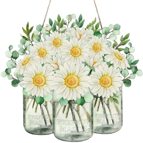 Threehoney Spring Daisy Door Sign Summer Eucalyptus Leaves Mason Jar Door Decor Watercolor Wooden Wall Hanging Sign Hanger Retro Flower Welcome Hanger for Outdoor Indoor Front Gate Wall Decor