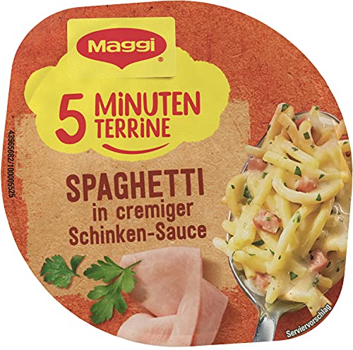 MAGGI 5 Minuten Terrine Spaghetti in cremiger Schinkensauce, leckeres Fertiggericht, Instant-Nudeln, Eiernudeln mit… – Bild 4