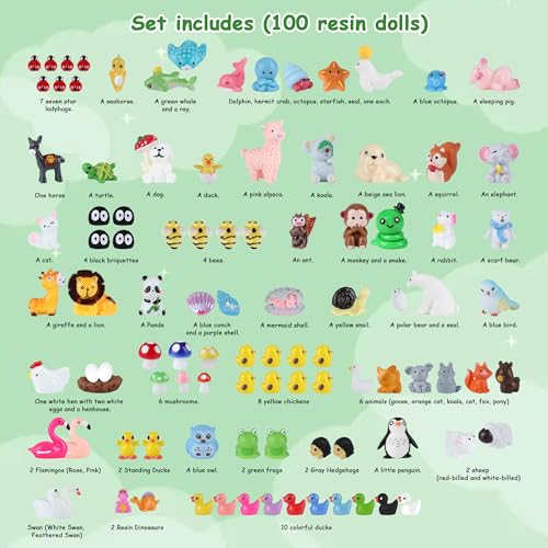 100 Stück Mini Tierfiguren Harz Spielzeug Set Ornamente Ente Löwe Elefant Elch Dinosaurier Miniatur Figuren Landschaft Aquarium Geschenk Geburtstag Tortendeko für Jungen Mädchen Party Mitgebsel