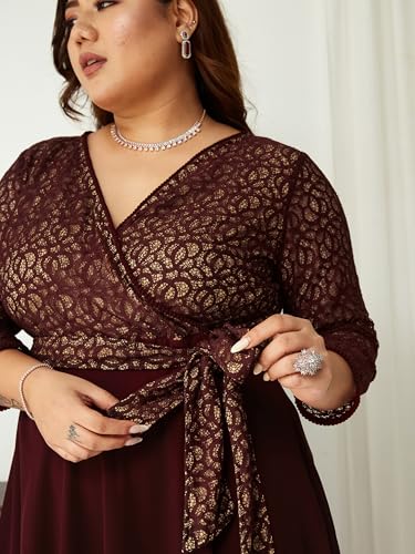 Image of Miss Chase A+ Women's Floral Printed Relaxed Fit V -Neck 3 /4Th Sleeve Georgette Maxi Dress