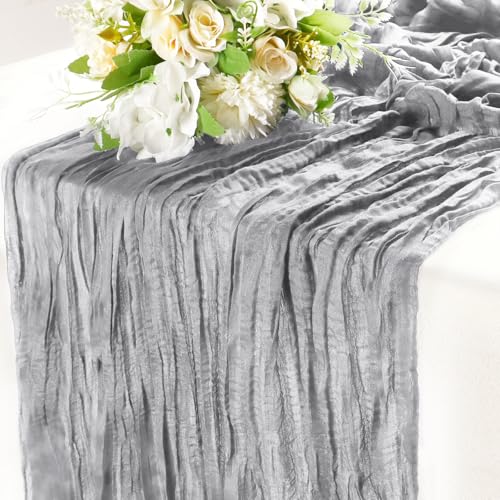 1 camino de mesa de gasa rústica de gasa bohemia de 35 x 120 pulgadas, color gris claro, para decoración de fiesta de cumpleaños, baby shower, boda, fiesta