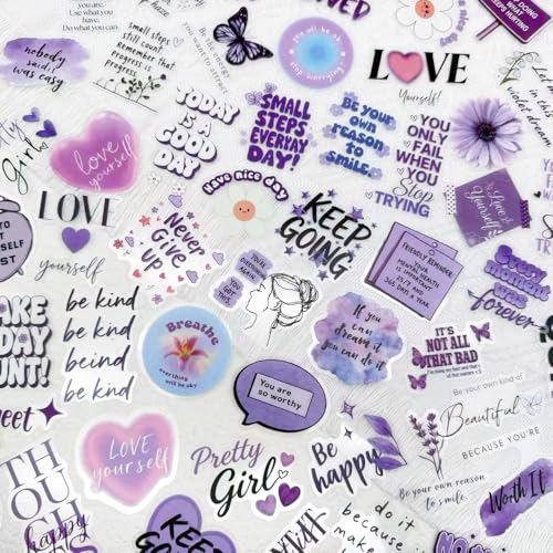 Image of 50 PCS Purple Positive Affirmation Stickers, Motivational Quote Aesthetic Decals, Waterproof Clear Scrapbook Stickers for Journaling, Planner, Laptop, Water Bottle, Self Care Inspirational Decor
