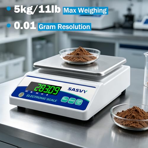 Image of Lab Scale 5000g x 0.01g Scientific Scale g /oz /ct /lb High Precision Digital Electronic Analytical Balance for Jewelry Kitchen Laboratory School, Includes 500g Calibration Weight&Battery
