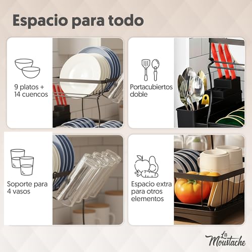 Miniatura 3 de La Moustache - Escurreplatos De Acero 2 Niveles 42 29,5 33 Cm Drenaje Automático Y Boca Giratoria, Escurridor De Platos Con Soporte Para Utensilios De Cocina, Fregadero Y Encimera Negro