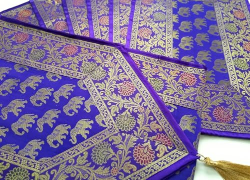 Image of Diwali Room Decor Silk Table Runner Placemats Tea Coaster Set for Living Room 4 to 6 Seater Dinning Table Table Mat Set Centre Table Top Decor Pack of 13 Pcs (Purple)