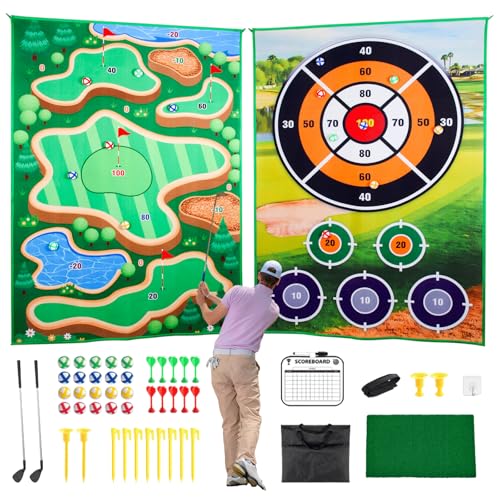 TTCBSPORTS 2 Sheet Golf Chipping Game Mat Set 6x4 Ft Sticky Golf Pro Mats with 20 Sticky Balls & 10 Darts Dart Practice Hitting Mat Outdoor Indoor for Adults Score Playing Backyard Garden