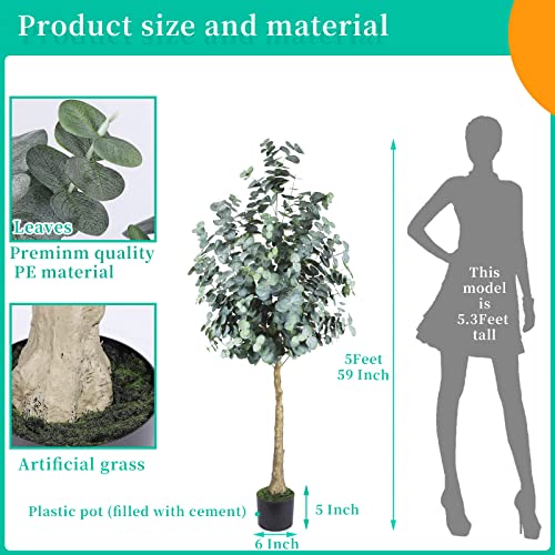 Artificial Eucalyptus Tree 5Ft（59"） Tall Fake Eucalyptus Plants With 950 Silver Dollar Leaves Faux Silk Eucalyptus Stems With Planter Artificial Tree For Indoor Outdoor Home Office Shop Decoration #TOP1
