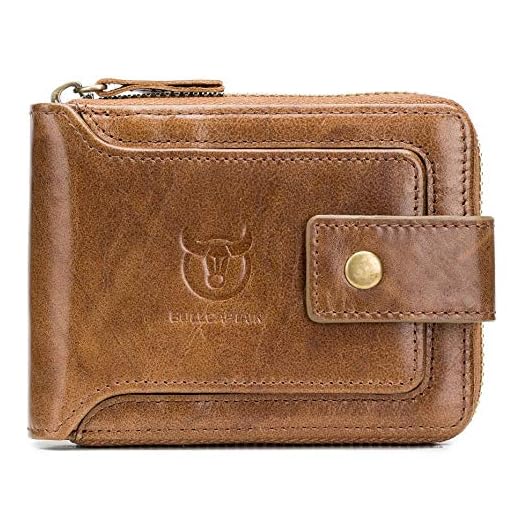 Carteira masculina de couro legítimo com zíper e bloqueio de RFID, zíper dobrável em torno de vários cartões de crédito, Moderno, brown-2, Medium