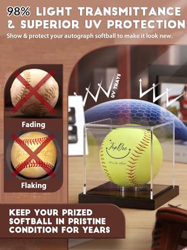Image of JupDec Softball Display Case Clear Acrylic Ball Holder, UV Protected Cube with Wood Base Stand, Championship Sports Collections Box Showcase, Black