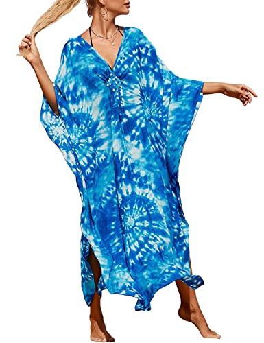 Bsubseach Caftan Femme Robe Plage Manches Longues Bleu Impression Kaftan Maxi Ete Djellaba Tunique Bohème Pareos Boubou Africain