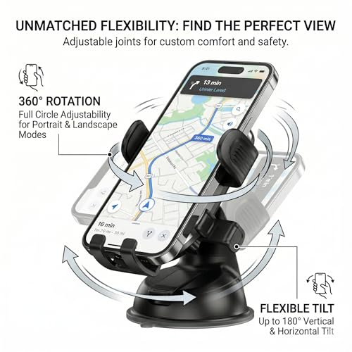 Image of Car Mobile Holder and Phone Stand | Dashboard Windshield Mount | Anti Slip Gel Suction Base | 360 Degree Adjustable Viewing | Pack of 1