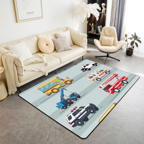 Erosebridal Fire Truck Area Rug,Police Car Rug,School Bus Carpet for Kids Boys Teens Youth,Equipped Truck Cartoon Vehicle Indoor Floor Mat Bedroom Dorm Decor Cartoon Playroom Rug 3x5