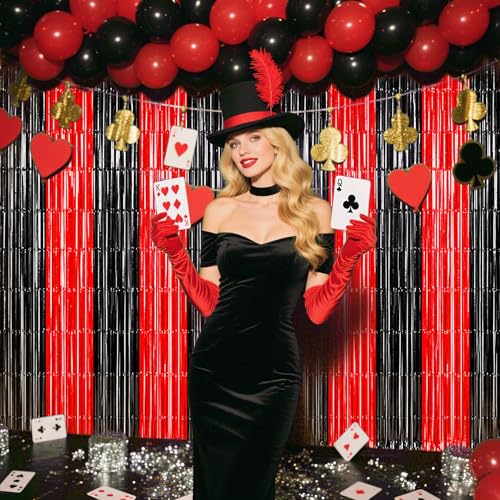 Image of TONIFUL 2Pcs Black and Red Fringe Backdrop Curtain 2026 Graduation Party Metallic Tinsel Foil Fringe Photo Booth Backdrop Door Streamers for Birthday Bachelorette Halloween New Year Party Decorations