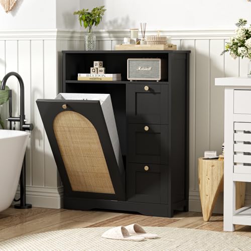 Rattan Storage Cabinet with 3 Drawers, Tilt Out Trash Can Cabinet for 10 Gallon Garbage Can for Laundry Hamper, Accent Furniture, Dual Dog Proof Trash Bin for Living Room, Barthroom, Black