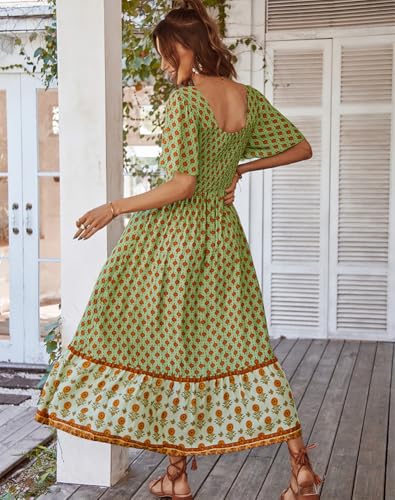 Image of Sister Amy Women's Boho Floral Print Square Neck Beach Party Flowy Ruffle Midi Dress