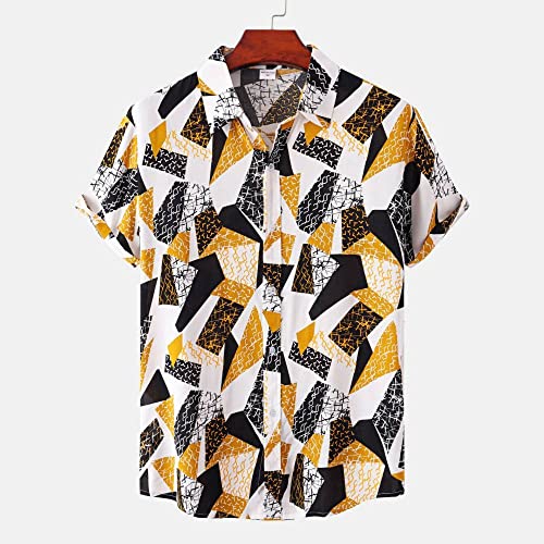 Chemises pour hommes à manches courtes jaune mode été en coton respirant boutonné