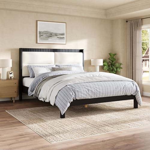 Solid Wood Queen Size Platform Bed Frame with Beige Velvet