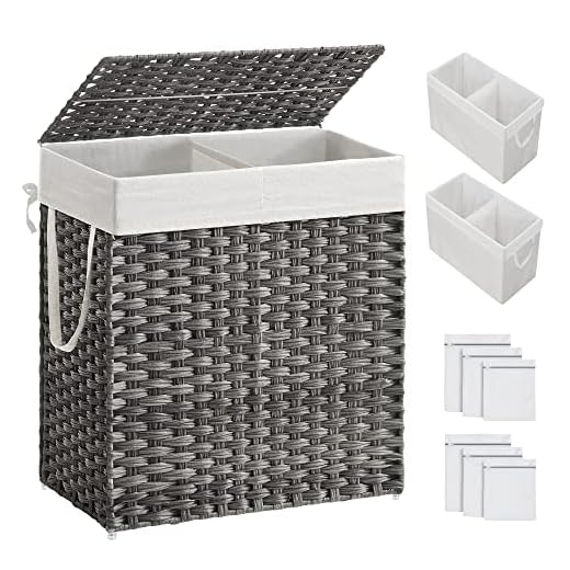 SONGMICS Cesto de Ropa Sucia con Tapa, Cesta Ropa Sucia 110 L, 2 Compartimentos, Bolsa Extraíble con Asas, Tejido a Mano, para Dormitorio, Baño, Lavandería, 57 x 33 x 60 cm, Gris MLCB52WG