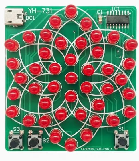 YH-731 Flower Windmill Kaleidoscope LED Flowing Light DIY Soldering Kit, 43 Red LEDs 9 Dynamic Animation Modes PCB Module, Micro USB 4-5V Powered Adjustable Speed
