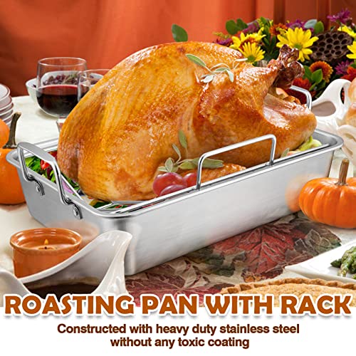 Joyfair 14-Inch Roasting Pan With Rack, Stainless Steel Turkey Roaster Baking Pan & V-Shaped Rack For Chicken Meat Vegetable, Rectangular Lasgana Pan With Riveted Handle, Heavy Duty & Dishwasher Safe #TOP2