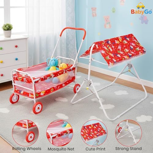 Image of BabyGo Baby Cradle with Swing & Mosquito Net | 0-9 Months | Foldable 2-in-1 Rocking Cradle Cot with 4 Wheels & Brake | Soft Sleeping Bed | Metal Frame | Red (Medium)