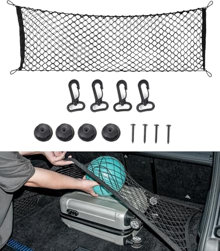 Shalwinn Filet Coffre Voiture Filet de Rangement Coffre 110 x 60 cm Peut Être Étendu Jusqu'À 220×120cm avec 4 Crochets Renforcement Solides, Van Aménagé Suspendu Elastique pour Plupart Voiture