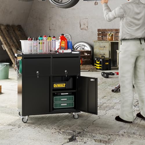 Image of Metal Tool Cabinet with 2 Drawers, Adjustable Shelf & Wheels, Black
