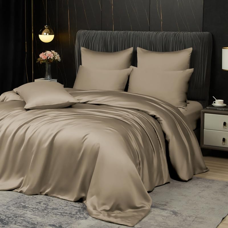 Gezu - Funda nórdica de bambú 220 x 240 cm, color marrón caqui, juego de cama de 220 x 240 cm, para adultos, 2 personas, fresco, Tencel Lyocell y ropa de cama de seda lisa, sedosa brillante, con 2