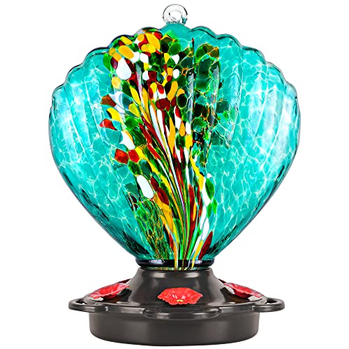 LUJII Seashell Shaped Hand Blown Glass Hummingbird Feeder for Outdoors Hanging, Rust Proof & Leak Proof, 25 fl.oz, Unique Gardening Gift for Women, Garden & Backyard Decor, Teal