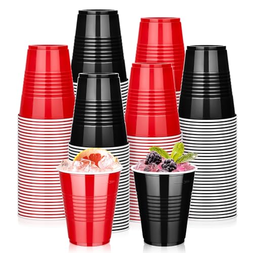 KesaPlan 100 PCS 12 OZ Plastic Cups, Happy New Year Party Cups Black and Red Cups Disposable Drinking Cup Bulk For Christmas Graduation Wedding Birthday Halloween Family Gathering Festive Celebrations