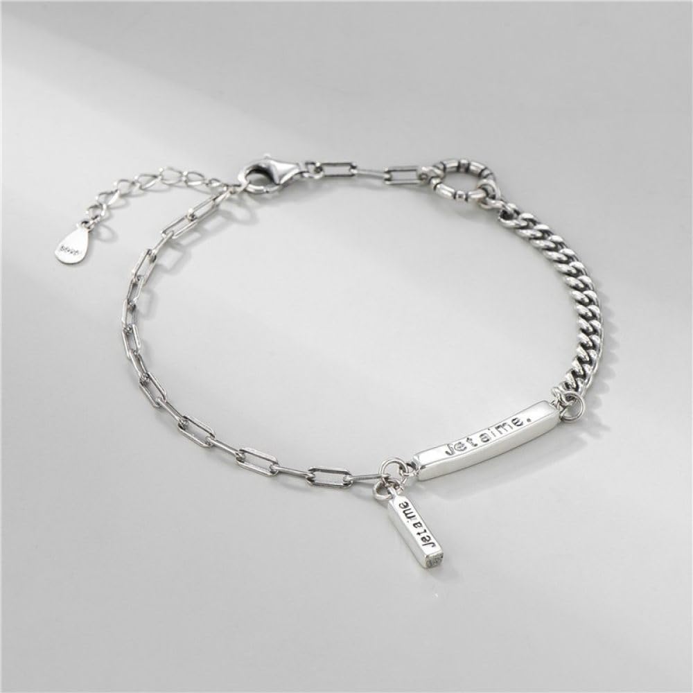 Armband Damen Silber,S925 Silber Armband Silberner Rechteckiger Anhänger Panzerkette Spleißendes Silberarmband Armreif Mit Verstellbarer Silberkette Glücksschmuck Für Frauen