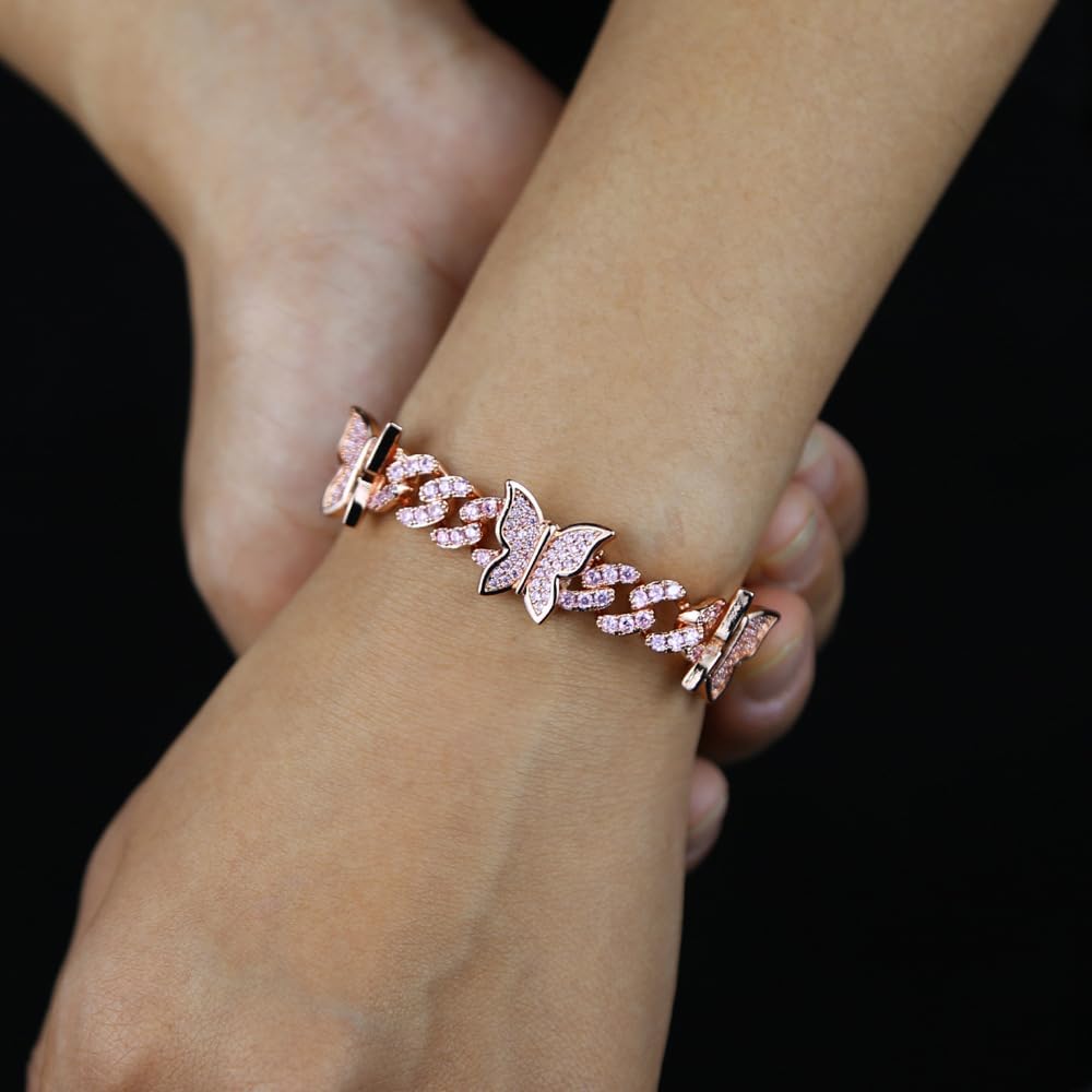 Solid Gold over S925 Sterling Silver 9mm Butterfly Charm Moissanite Bracelet, Full Shine Design with Intricate Details, Feminine Gift for Her