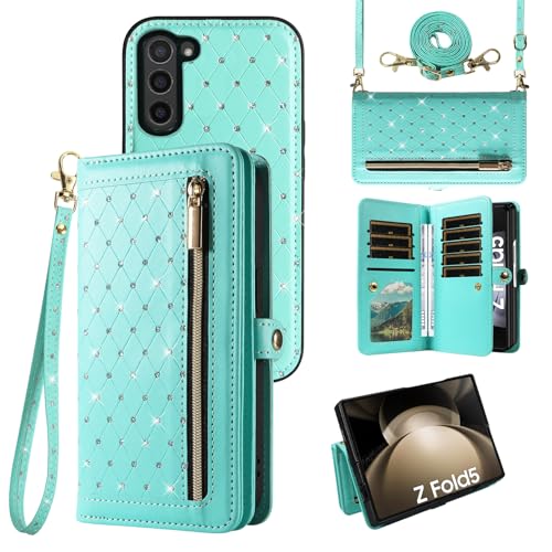 Phone Case for Samsung Galaxy Z Fold 5 5G 2023 Zipper Wallet Detachable Magnetic Cell Cover with Crossbody Lanyard Strap Bling Glitter Flip Credit Card Holder Slots ZFold5 Z5 G Fold5 5Z Women Green