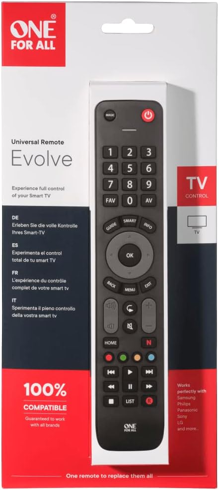 Packaging of the One For All Evolve TV Universal Remote Control URC7115