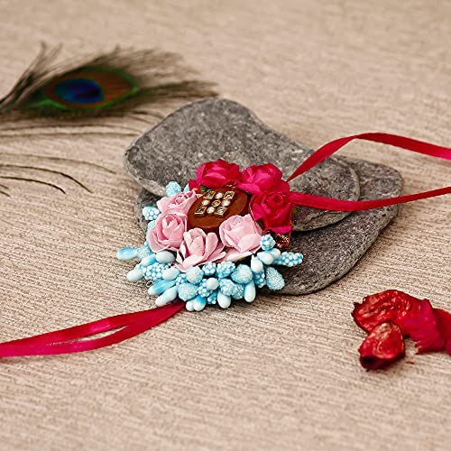 Image of eCraftIndia Set of 5 Rakhi Combo Hamper | Colorful Radha Krishna Peacock Feather Flower Pearl Designer Rakhis | Roli Chawal Pack