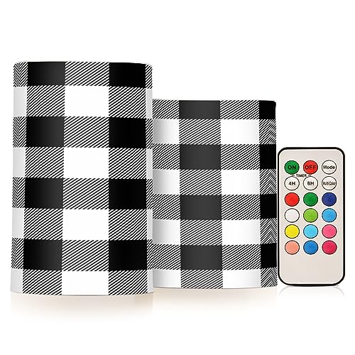 Image of YETTASBIN White Black Buffalo Plaid Flameless Candles with Remote Control and Timer, Adjustable Brightness Long Lasting Battery Operated LED Pillar Candles for Party Holiday Home Decor, 2 Pack