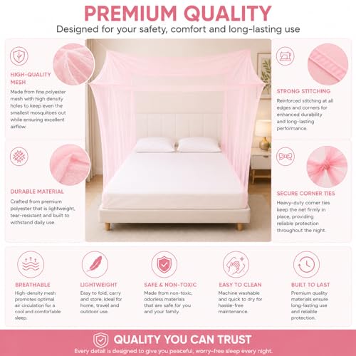 Image of BENAVJI Foldable Machardani Single Bed | Pure Cotton Mosquito net (Pink, 3.5FT X 6FT) | Strong, Breathable, Lightweight, Portable & Ideal for Daily Usage | Full Protection for Home & Travel