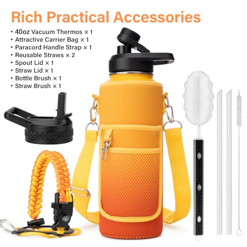 40 oz Insulated Water Bottle | Thickened Stainless Steel Vacuum Metal | Portable Sports Water Jug for Gym and Hiking with Straw, Carrier Bag, Handle Strap | BPA-Free 40 oz