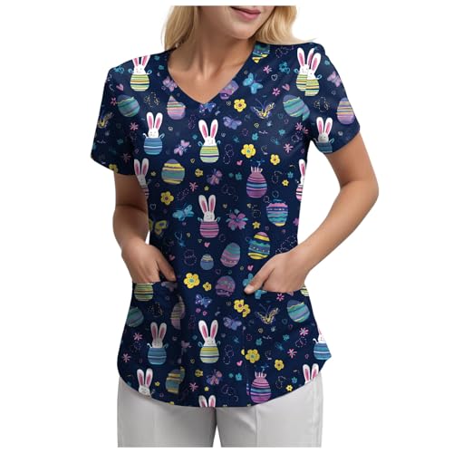 Women's Easter Printed Scrub Top Funny Cute Short Sleeve V-Neck Nursing Uniform Medical Professionals Holiday Work Shirt (A28-Navy, Medium)