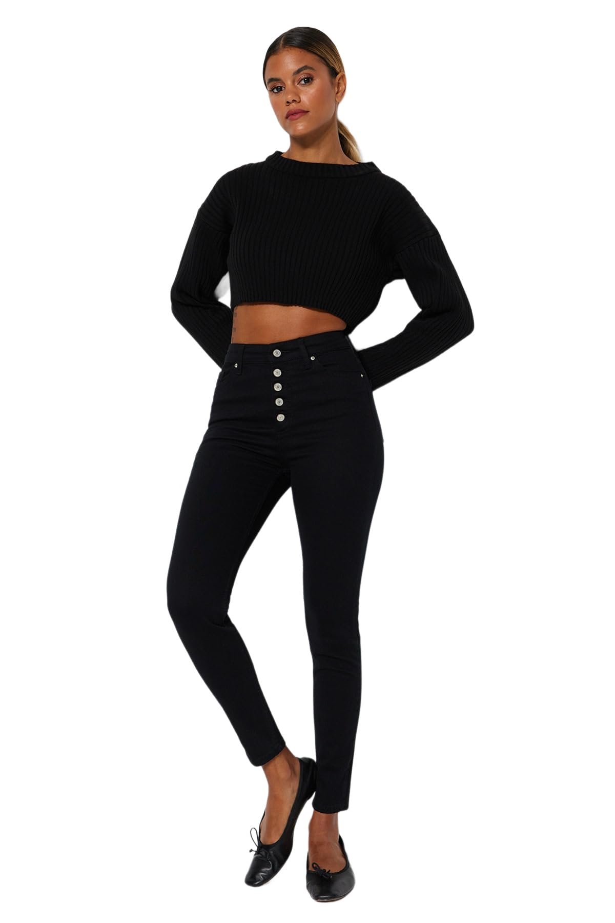 Trendyol Women's Damen Gerade Schlank Hohe Taille Jeans, Black, 6