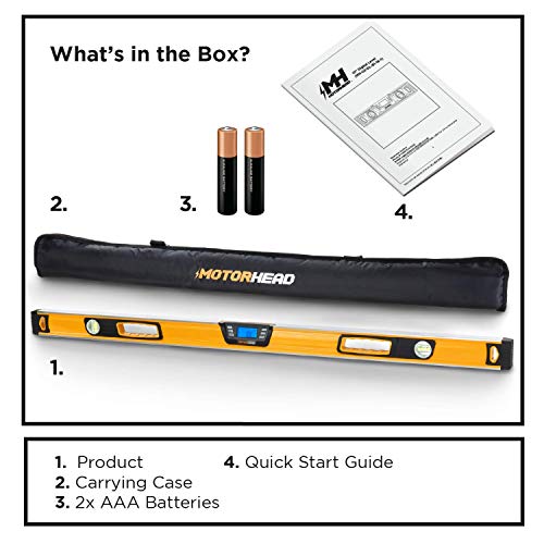 Image of MOTORHEAD 48-Inch 0-360 SMART DIGITAL Level, LCD Screen, Audible Alerts, Water, Dust & Shock Resistant, Magnetic Bottom, Includes Bag, High-Visibility, Solid-Milled Aluminum, USA-Based Support | Audible Alerts, Water Dust & Shock Resistant, High-Visibility, Solid-Milled Aluminum, Carrying Bag, Carpentry Masonry Framing